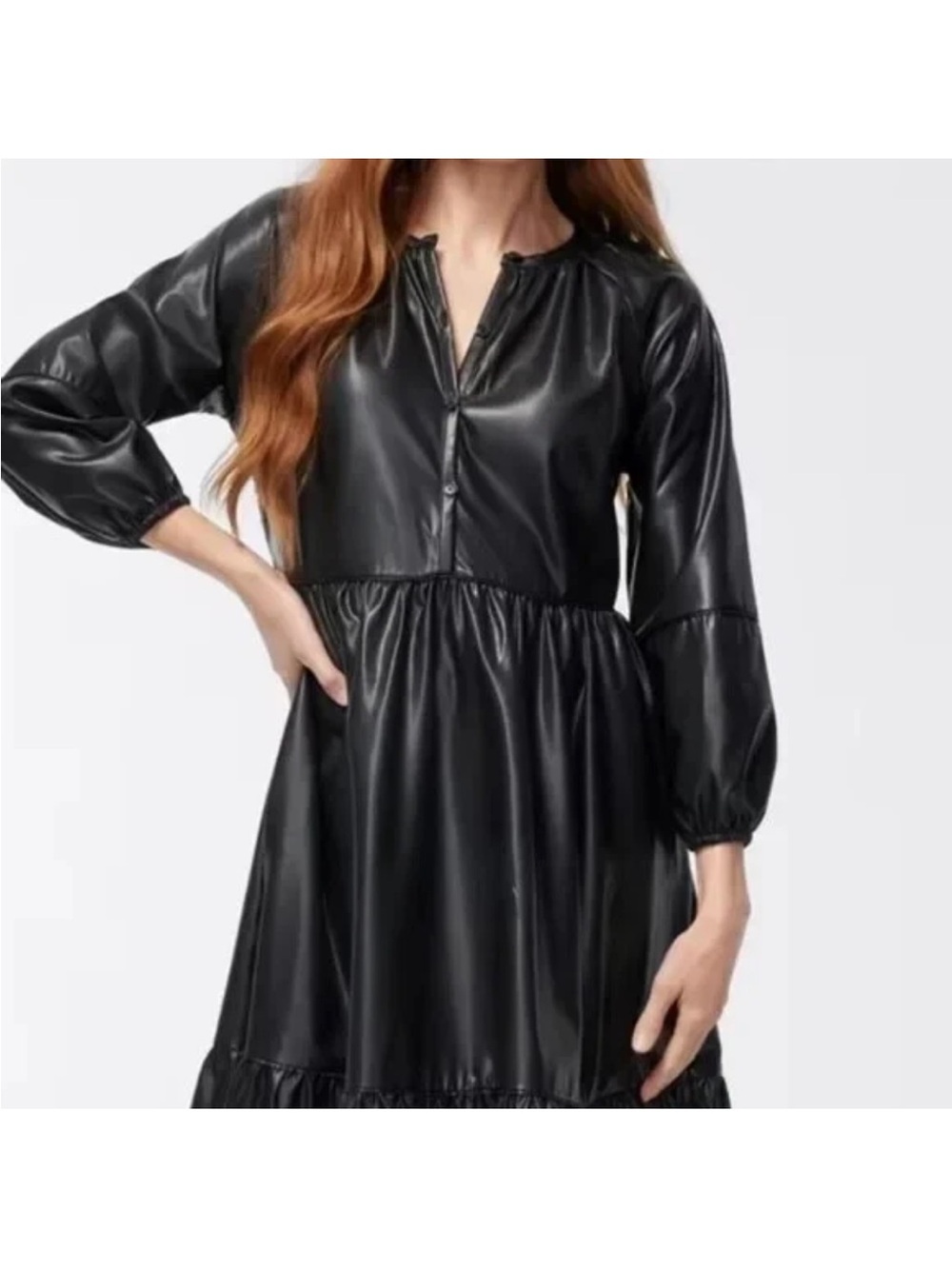 Chico’s Midi Dress Pleather Tiered Dress Black Size 6NWT - Picture 3 of 11